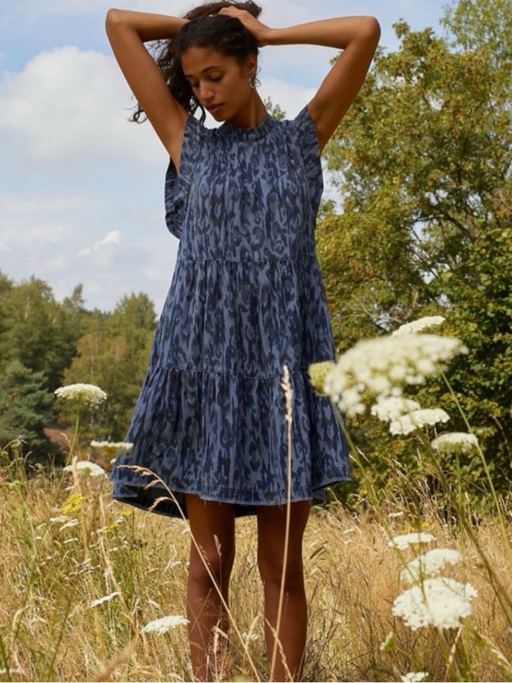 Anthropologie Jenee Tiered Tunic Dress Blue Animal Print POCKETS Lyocell Size L